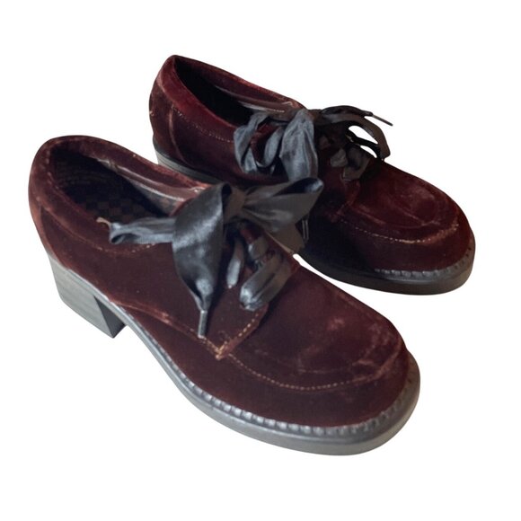 Vtg Y2K Ellemenno Burgundy Velvet Lace-Up Chunky Heel Shoes Women's Size 7 Goth - Picture 1 of 9